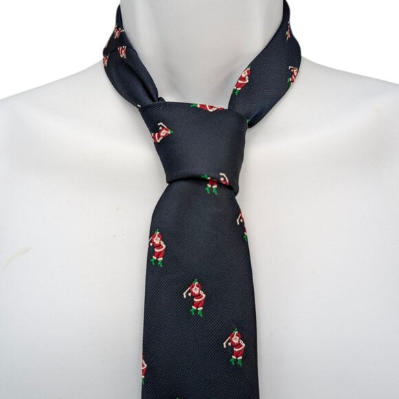 Johnny Appleseeds Santa Golf Tie Mens Navy Printed Silk Blend Christmas Necktie - Picture 3 of 8